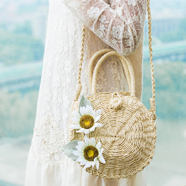 Handmade Flower Woven Beach Bag Holiday Shoulder Bag